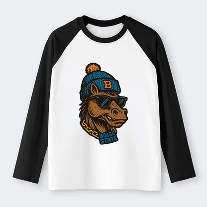 Boise Bronco wearing Boise State beanie with B patch - Raglan Long Sleeve T-Shirt - Black