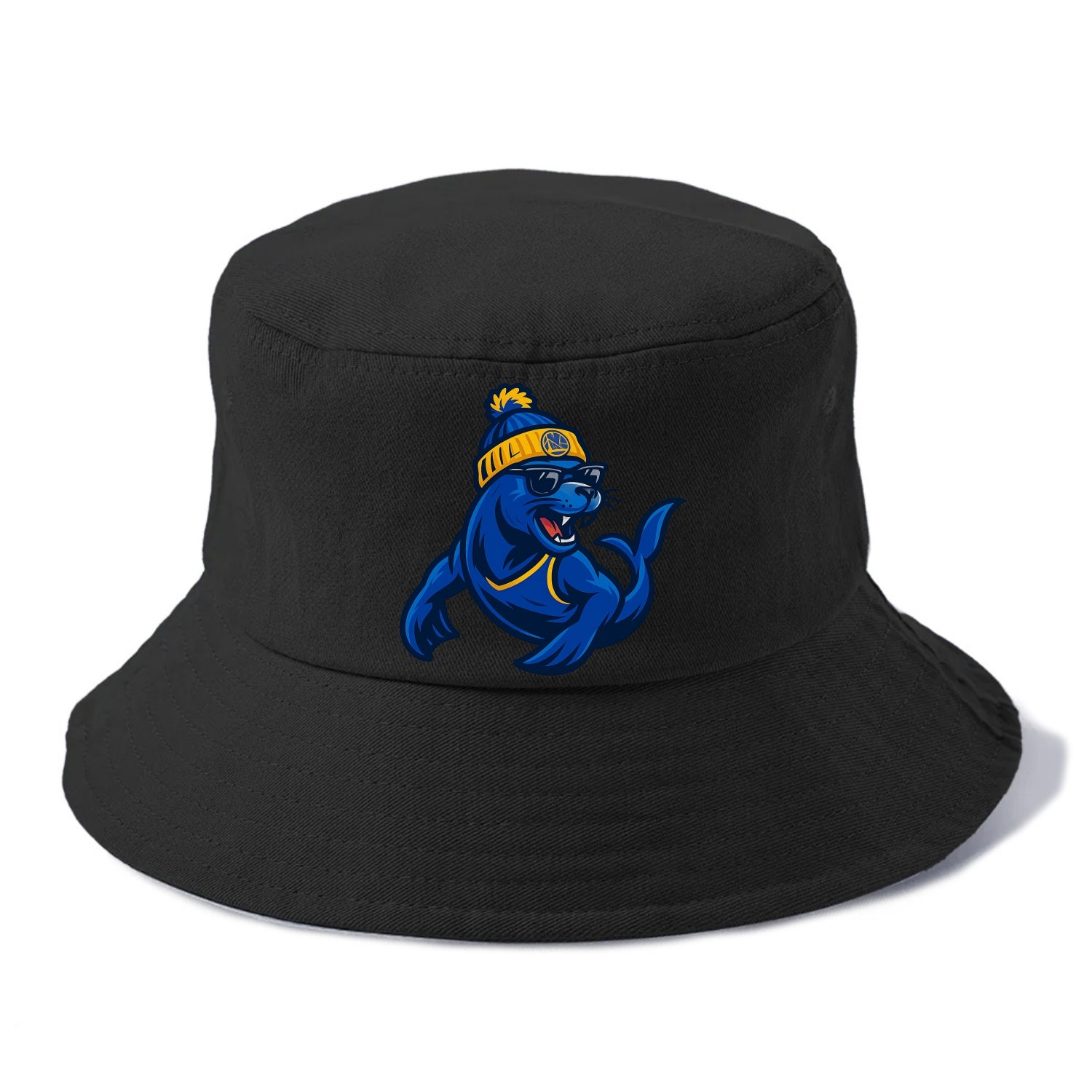 Bay Area Sea Lion wearing Warriors blue and gold beanie with Golden Gate and wayfarer - Bucket Hat - Black