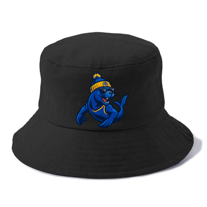 Bay Area Sea Lion wearing Warriors blue and gold beanie with Golden Gate and wayfarer - Bucket Hat - Black