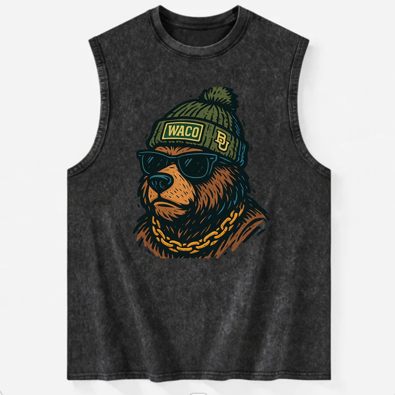 Waco Bear wearing Baylor beanie with BU patch - Vintage Washed Tank - Black