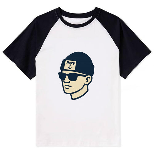 Annapolis Midshipman wearing Navy beanie with anchor patch - Contrast Raglan T-shirt