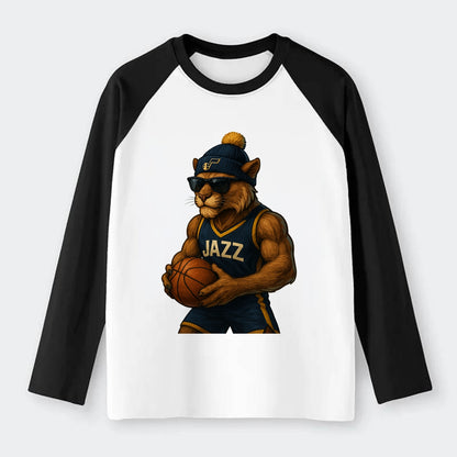 Utah Mountain Lion wearing Jazz navy and yellow beanie with music note - Raglan Long Sleeve T-Shirt - Black