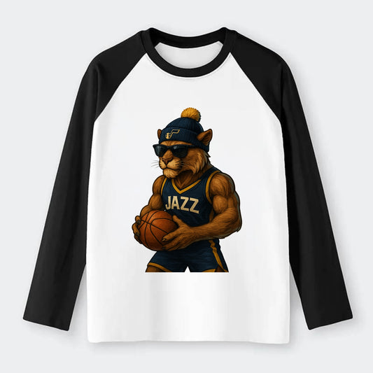 Utah Mountain Lion wearing Jazz navy and yellow beanie with music note - Raglan Long Sleeve T-Shirt - Black