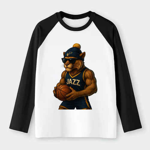 Utah Mountain Lion wearing Jazz navy and yellow beanie with music note - Raglan Long Sleeve T-Shirt