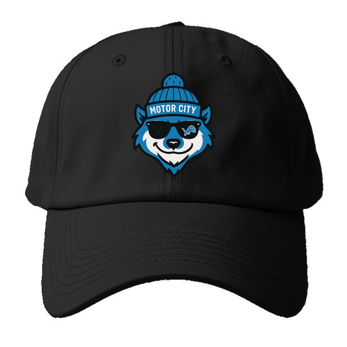 Motor City Wolverine wearing Lions beanie with gear patch and wayfarer sunglasses - Baseball Cap