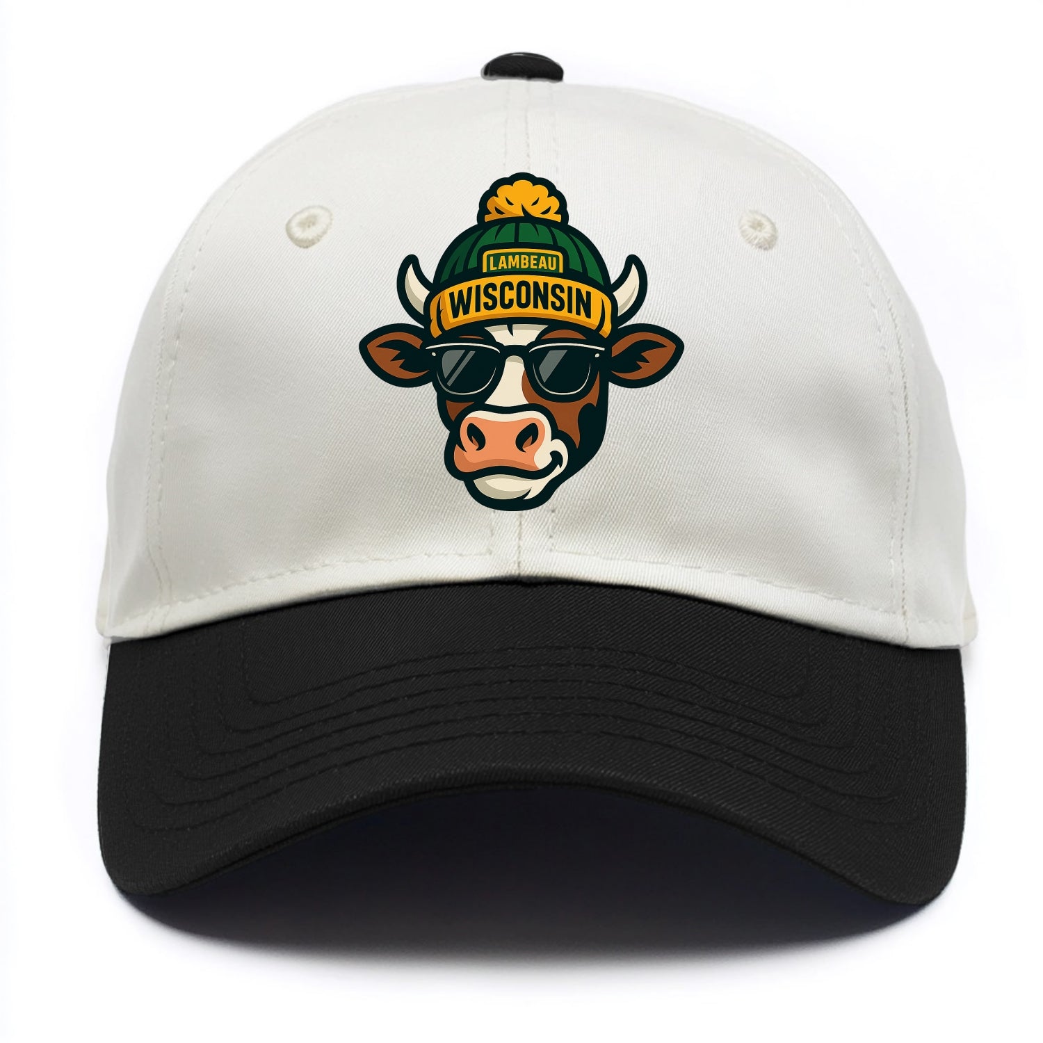 Wisconsin Cow wearing Packers beanie with Lambeau patch and wayfarer sunglasses - Two Tone Cap - Black