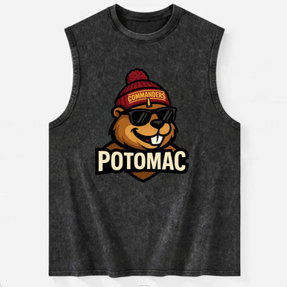 Potomac Beaver wearing Commanders beanie with monument patch and wayfarer - Vintage Washed Tank - Black