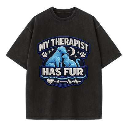 MY THERAPIST HAS FUR - pet silhouette in calming blue , emotional support - Vintage T-shirt - Black