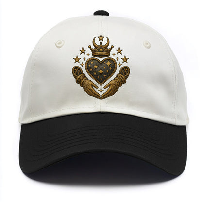 Weathered antique brass crown above a hammered gunmetal heart framed by ivy-woven - Two Tone Cap - Black