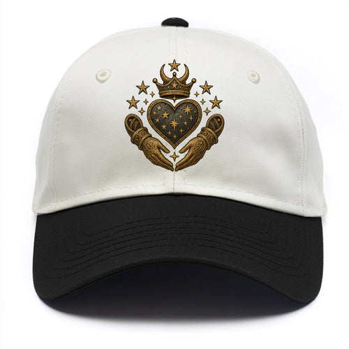 Weathered antique brass crown above a hammered gunmetal heart framed by ivy-woven - Two Tone Cap