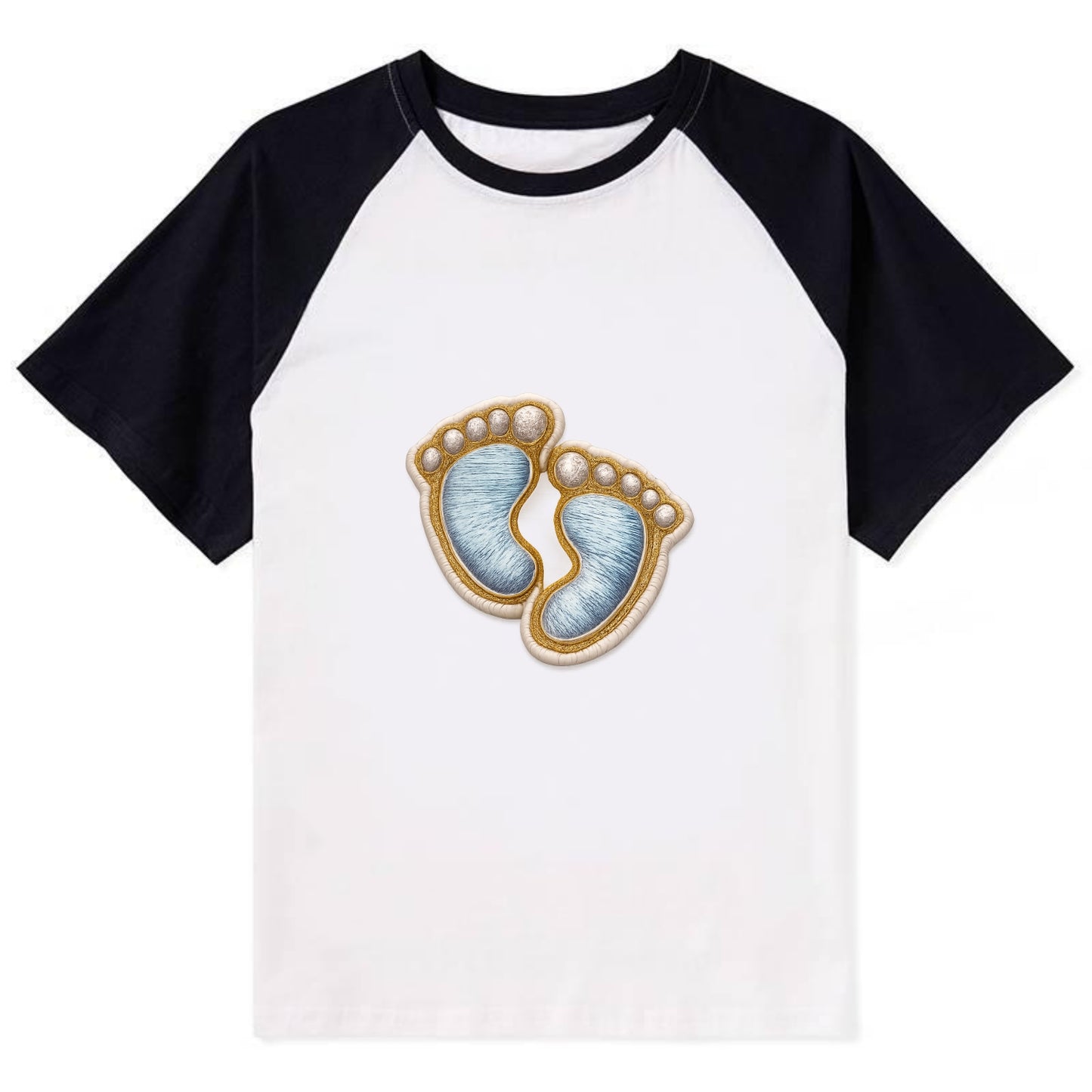 BABY FOOTPRINTS - tiny feet in pink or blue , newborn - Contrast Raglan T-shirt - Black