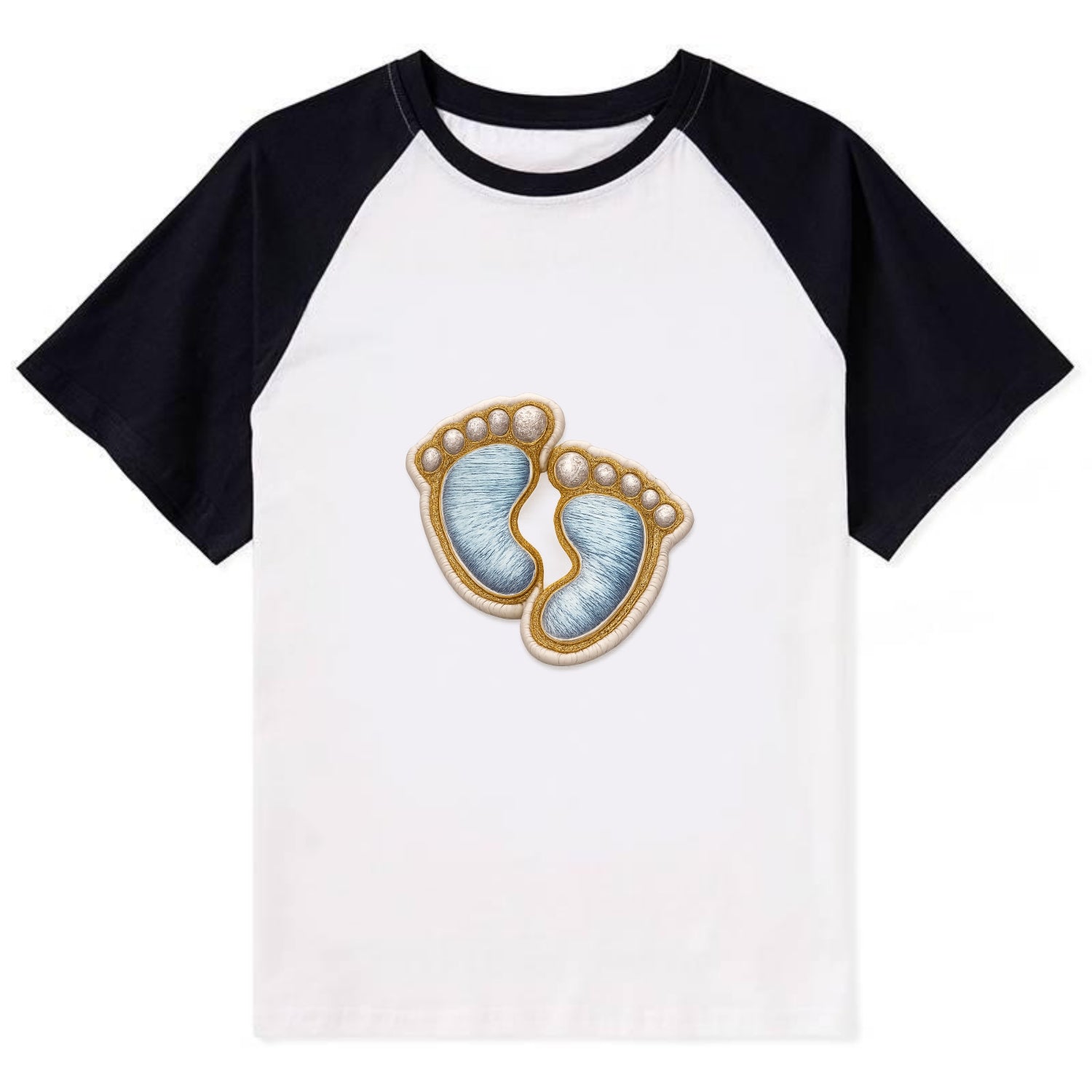 BABY FOOTPRINTS - tiny feet in pink or blue , newborn - Contrast Raglan T-shirt - Black