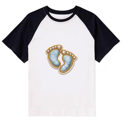 BABY FOOTPRINTS - tiny feet in pink or blue , newborn - Contrast Raglan T-shirt - Black
