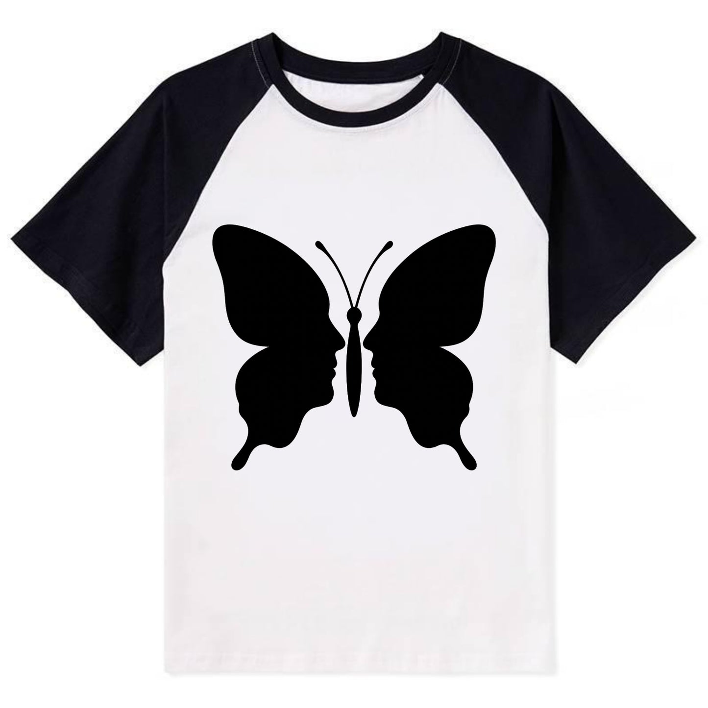 Butterfly wings - negative space reveals hidden faces or patterns - Contrast Raglan T-shirt - Black