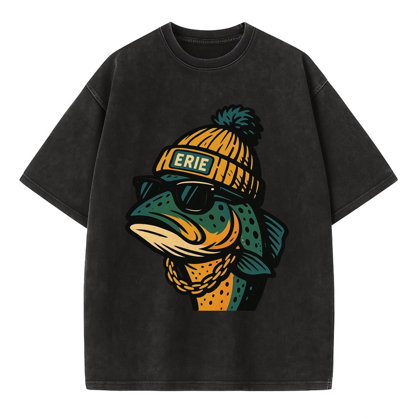 Erie Lake Trout wearing Erie beanie with pom pom and wayfarer sunglasses - Vintage T-shirt - Black