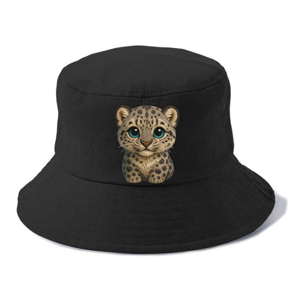 Baby Snow Leopard Cub - gray spotted, thick fur, blue-green eyes, front-facing, - Bucket Hat - Black