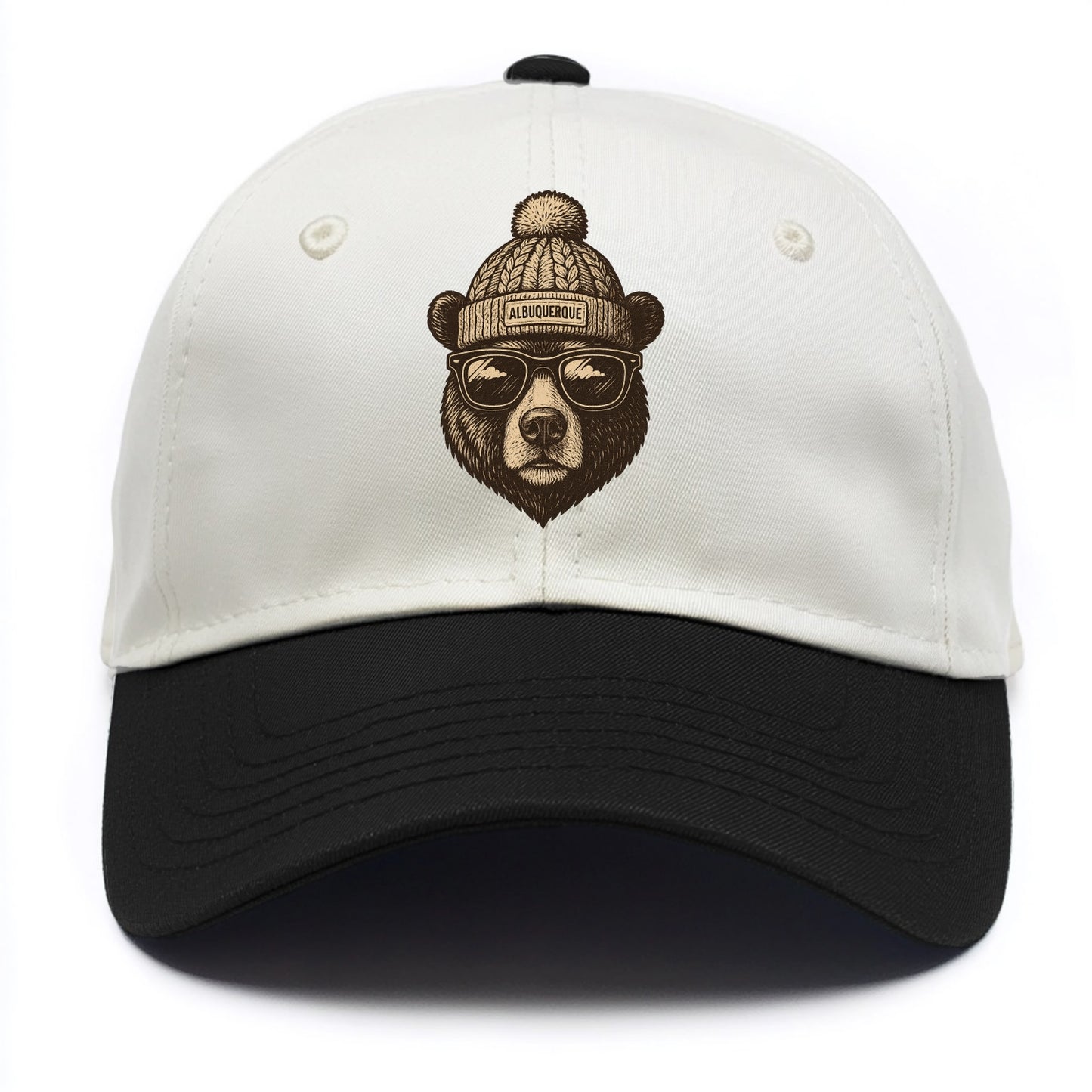 New Mexico Black Bear wearing Albuquerque beanie with pom pom and wayfarer sunglasses - Two Tone Cap - Black