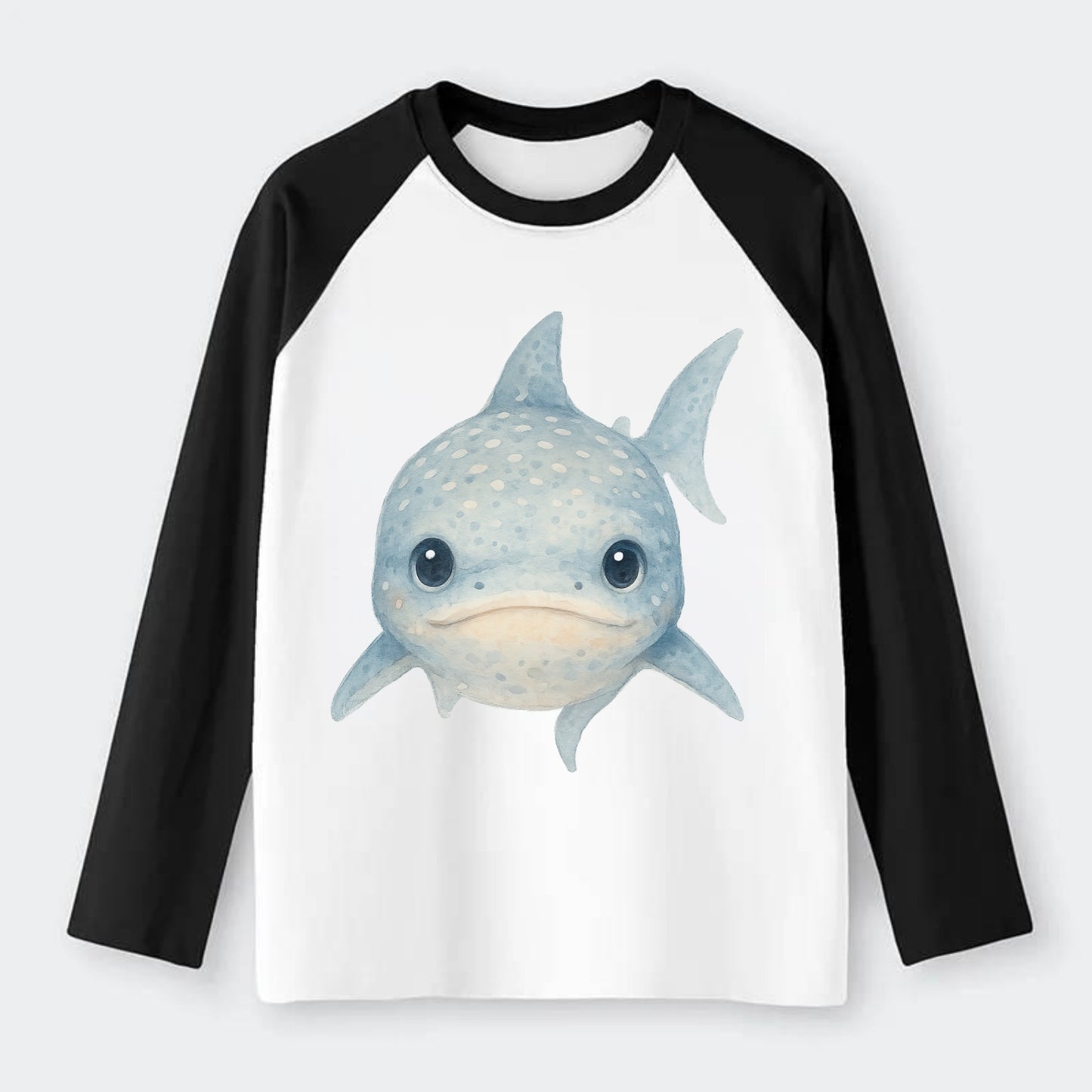 Baby Whale Shark - spotted blue-gray, wide mouth closed, tiny eyes, - Raglan Long Sleeve T-Shirt - Black