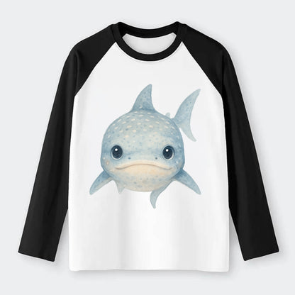 Baby Whale Shark - spotted blue-gray, wide mouth closed, tiny eyes, - Raglan Long Sleeve T-Shirt - Black