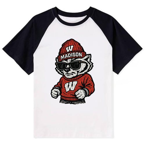 Madison Badger wearing Wisconsin beanie with motion W patch - Contrast Raglan T-shirt