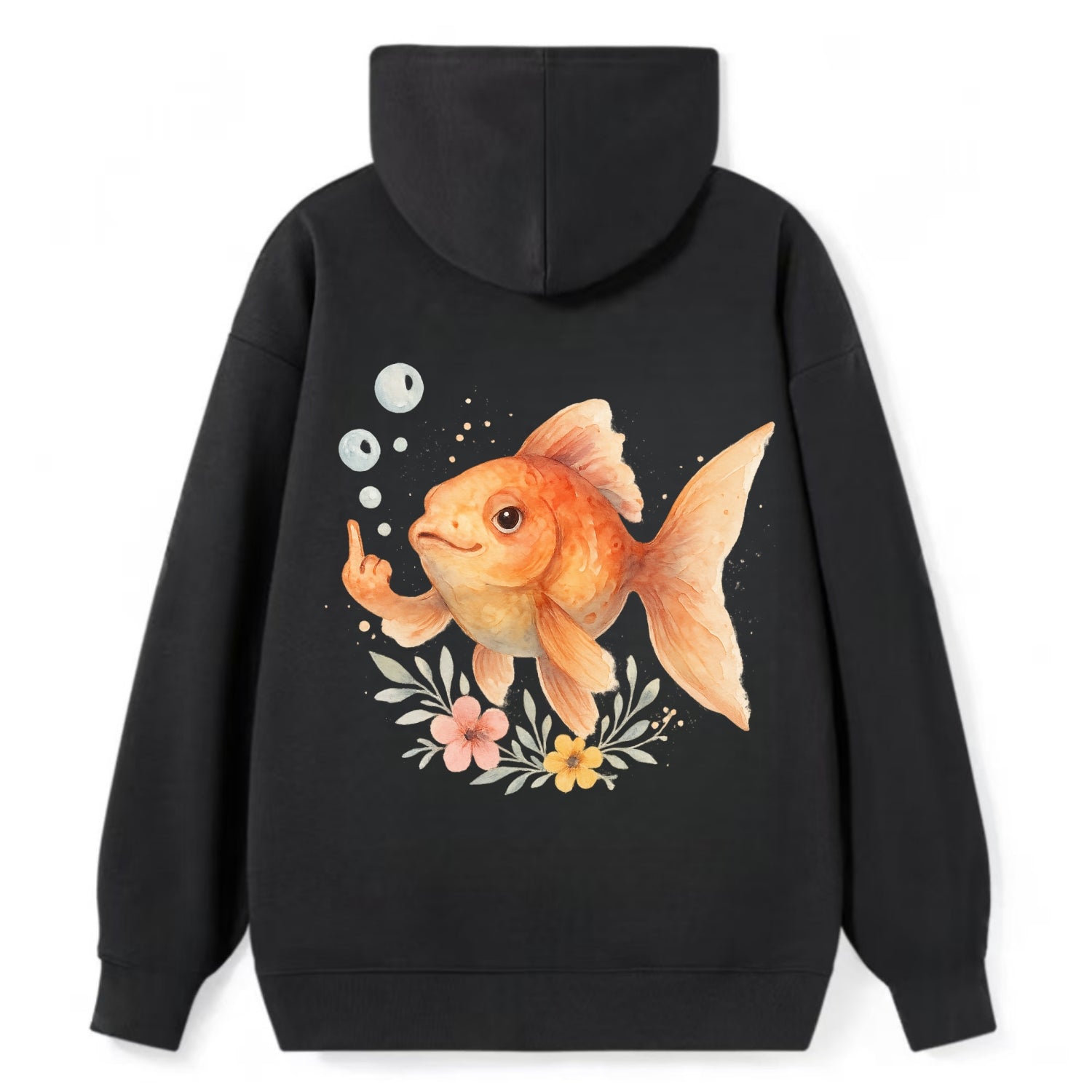 chubby goldfish blowing bubbles, one fin extended like middle finger - Classic Pullover Hoodie - Black
