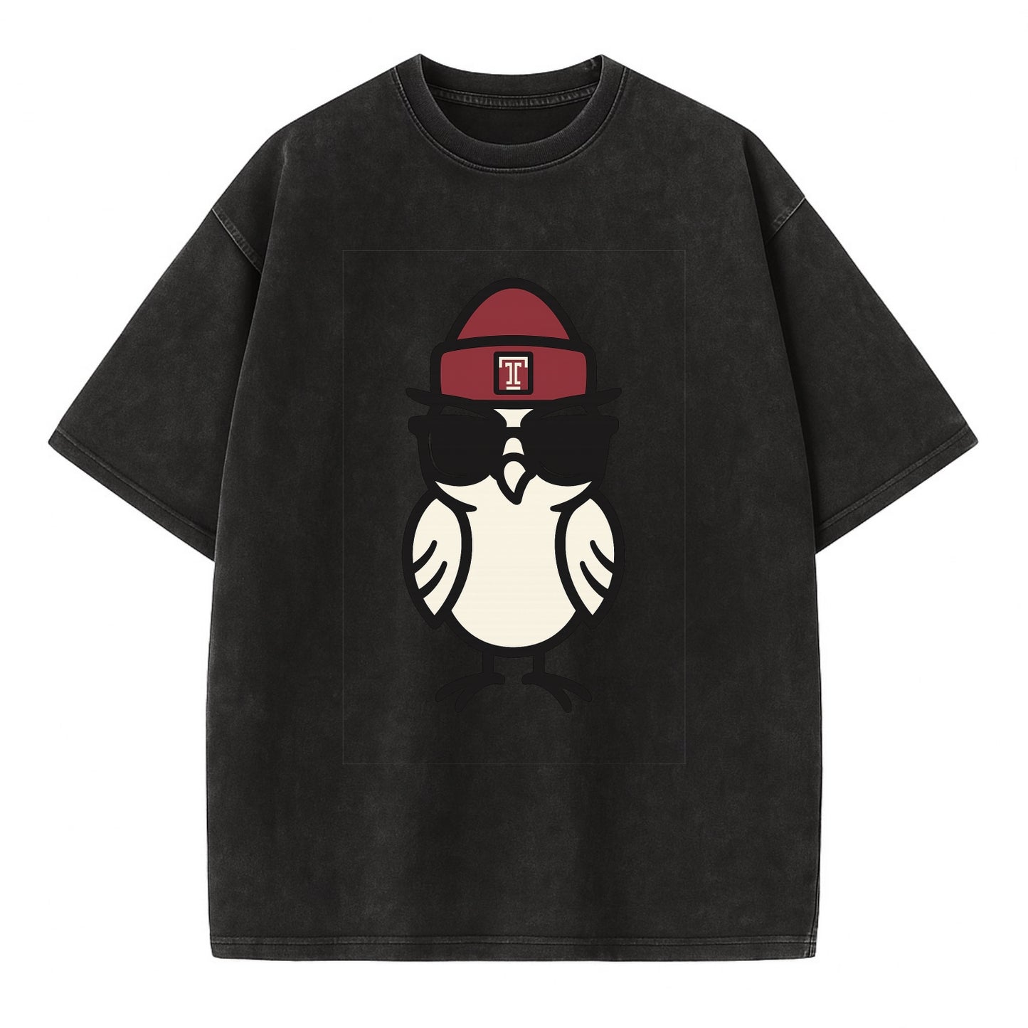 Philadelphia Owl wearing Temple beanie with T patch - Vintage T-shirt - Black