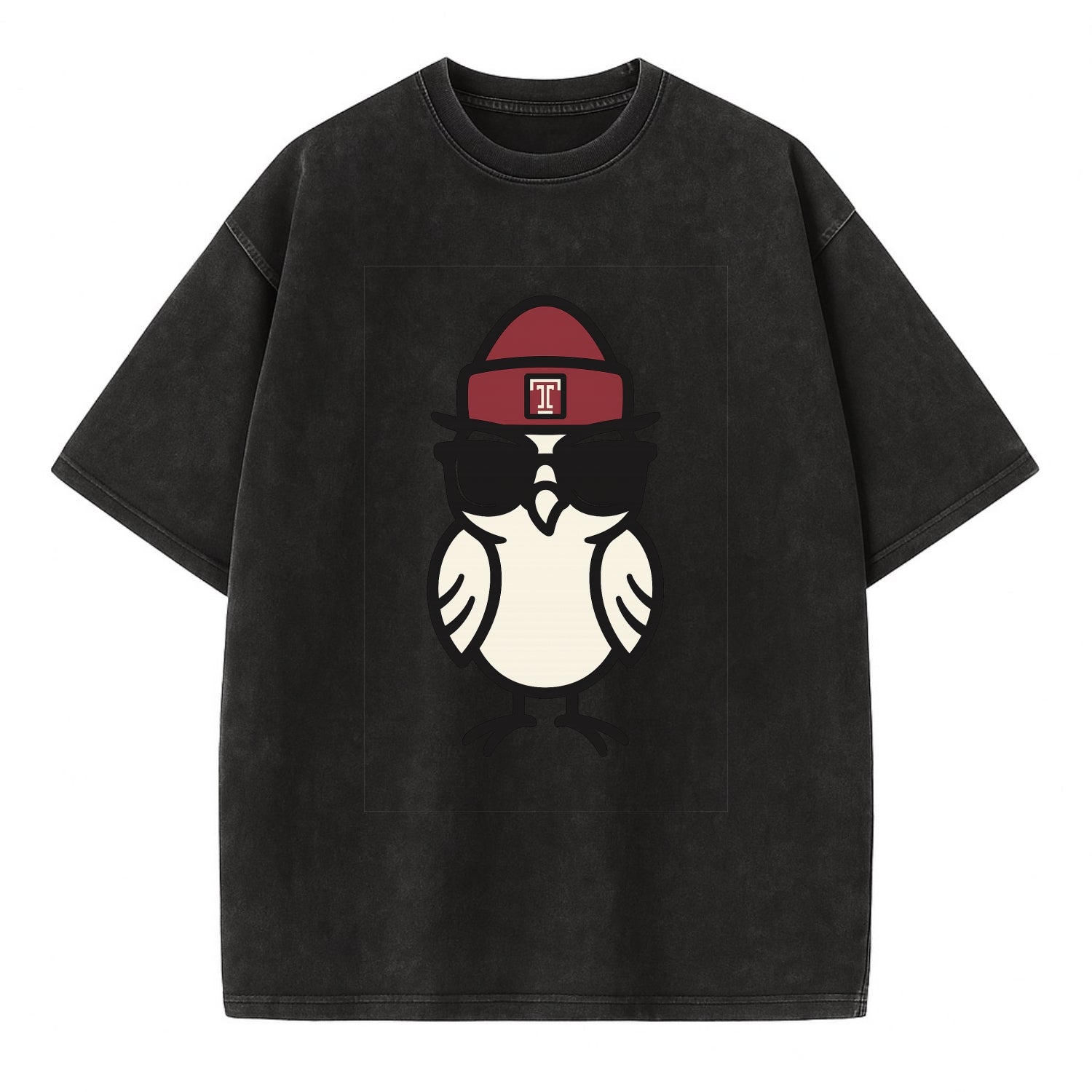 Philadelphia Owl wearing Temple beanie with T patch - Vintage T-shirt - Black