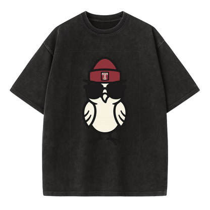Philadelphia Owl wearing Temple beanie with T patch - Vintage T-shirt - Black