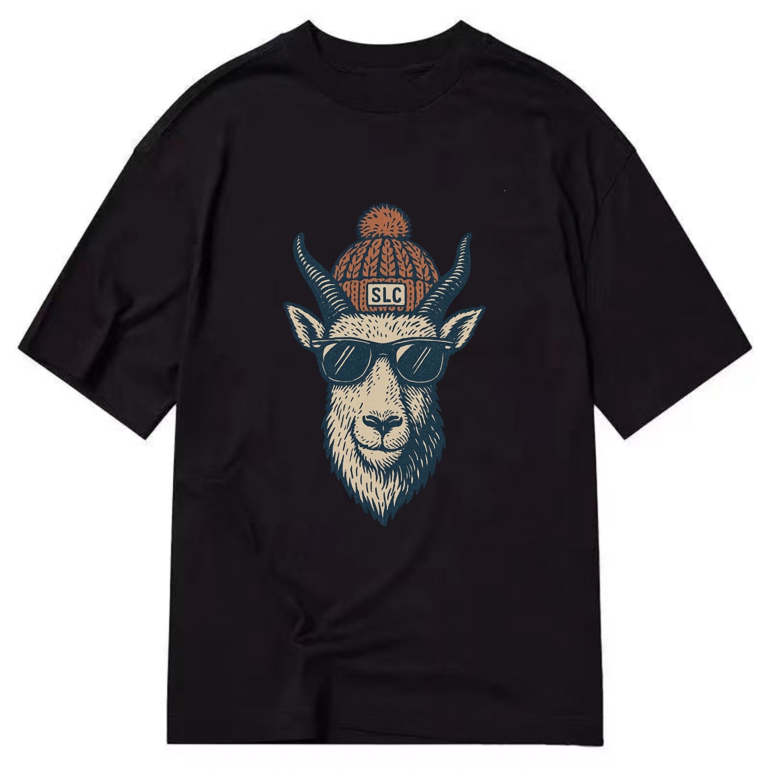 Salt Lake City Mountain Goat wearing SLC beanie with pom pom and wayfarer - Classic T-shirt - Black
