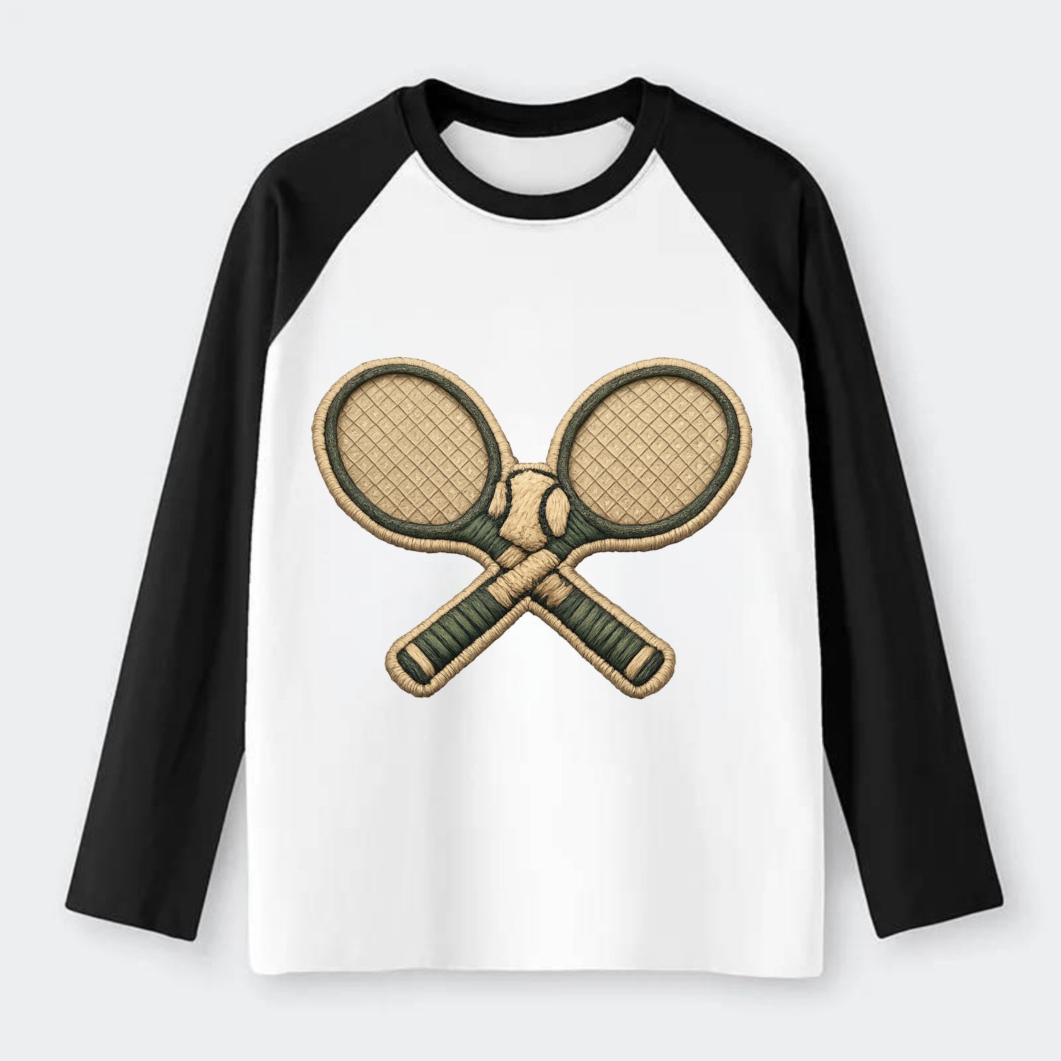 Embroidered patch design - TENNIS RACKET CROSSED - tennis rackets with - Raglan Long Sleeve T-Shirt - Black