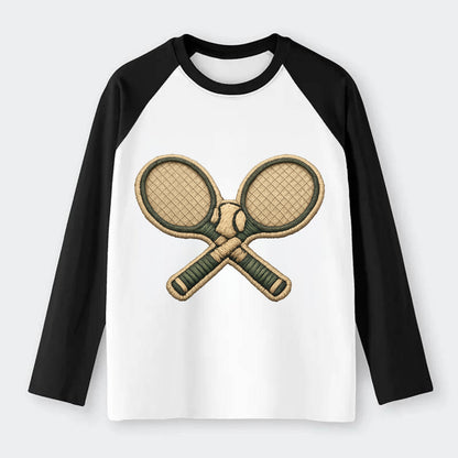 Embroidered patch design - TENNIS RACKET CROSSED - tennis rackets with - Raglan Long Sleeve T-Shirt - Black