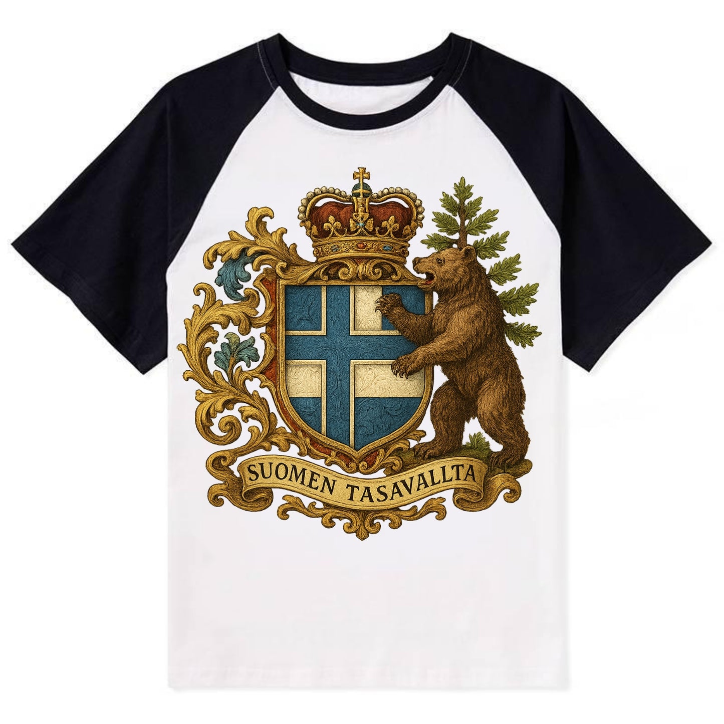 Finland Brown Bear Emblem - Contrast Raglan T-shirt - Black