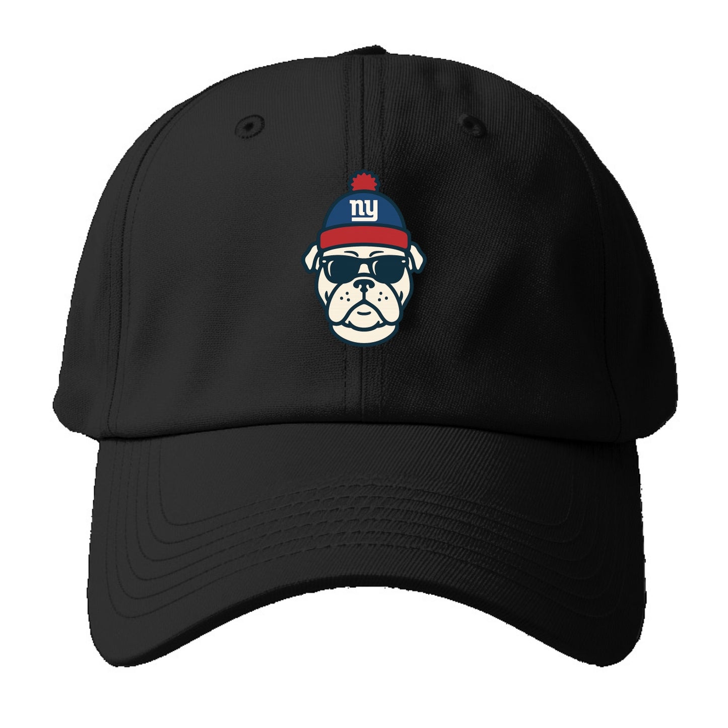New York Bulldog wearing Giants blue and red beanie with pom pom and - Baseball Cap For Big Heads - Black