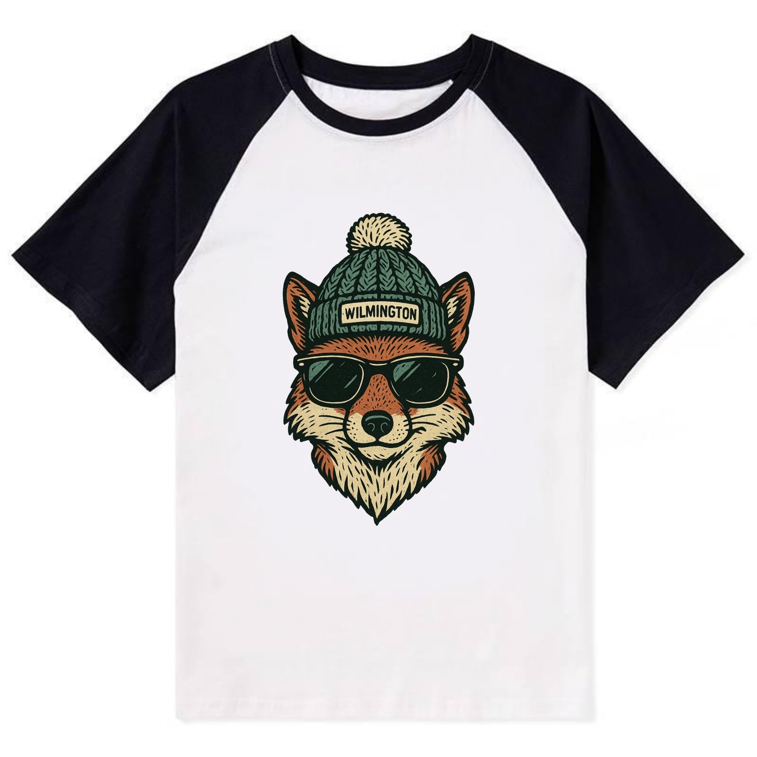 Delaware Gray Fox wearing Wilmington beanie with pom pom and wayfarer - Contrast Raglan T-shirt - Black