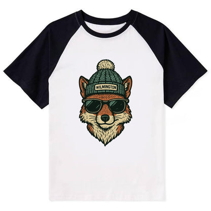 Delaware Gray Fox wearing Wilmington beanie with pom pom and wayfarer - Contrast Raglan T-shirt - Black