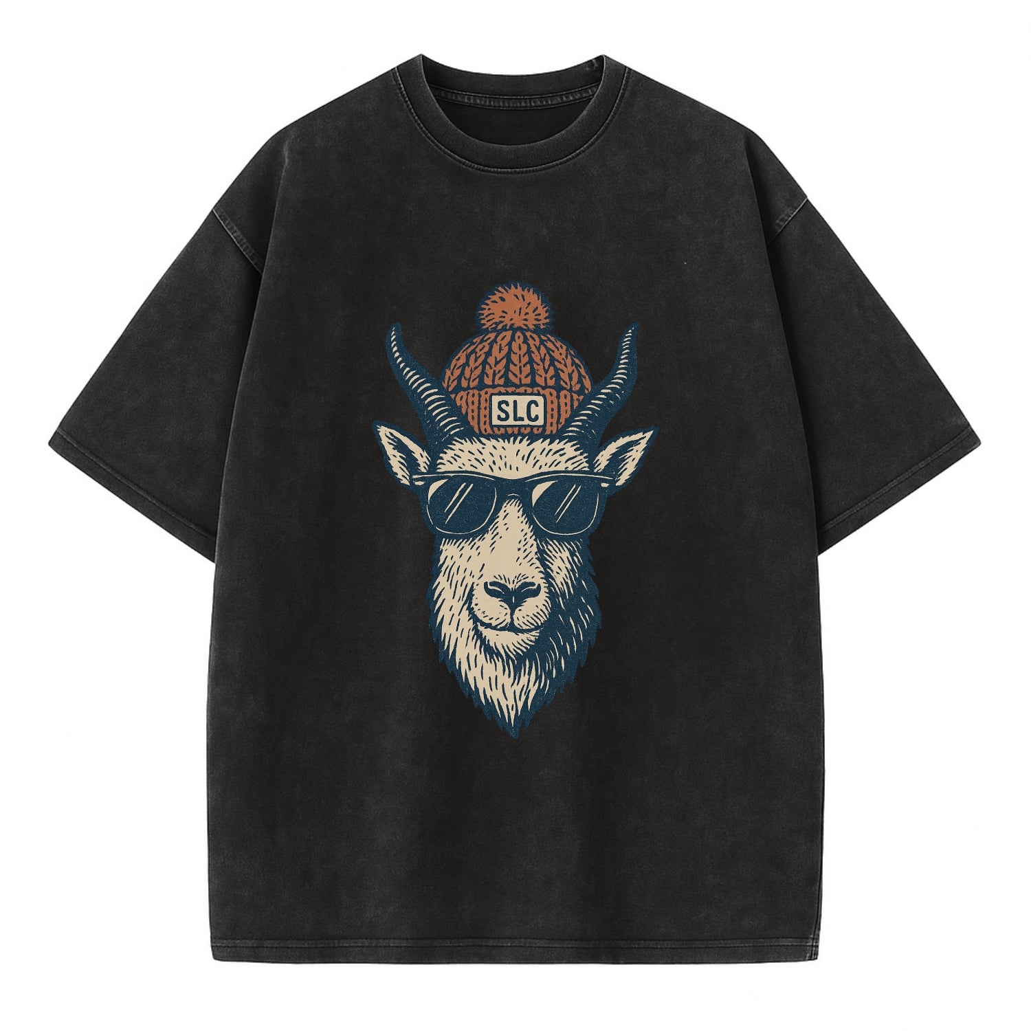 Salt Lake City Mountain Goat wearing SLC beanie with pom pom and wayfarer - Vintage T-shirt - Black
