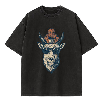 Salt Lake City Mountain Goat wearing SLC beanie with pom pom and wayfarer - Vintage T-shirt - Black