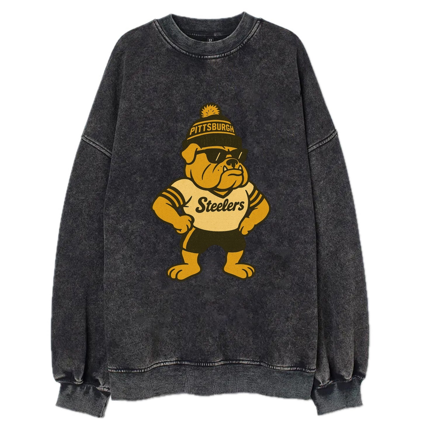 Pittsburgh Bulldog wearing Steelers black and gold beanie with pom pom and - Vintage Sweatshirt - Black