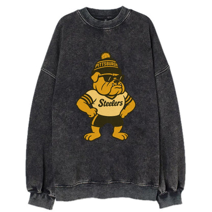 Pittsburgh Bulldog wearing Steelers black and gold beanie with pom pom and - Vintage Sweatshirt - Black