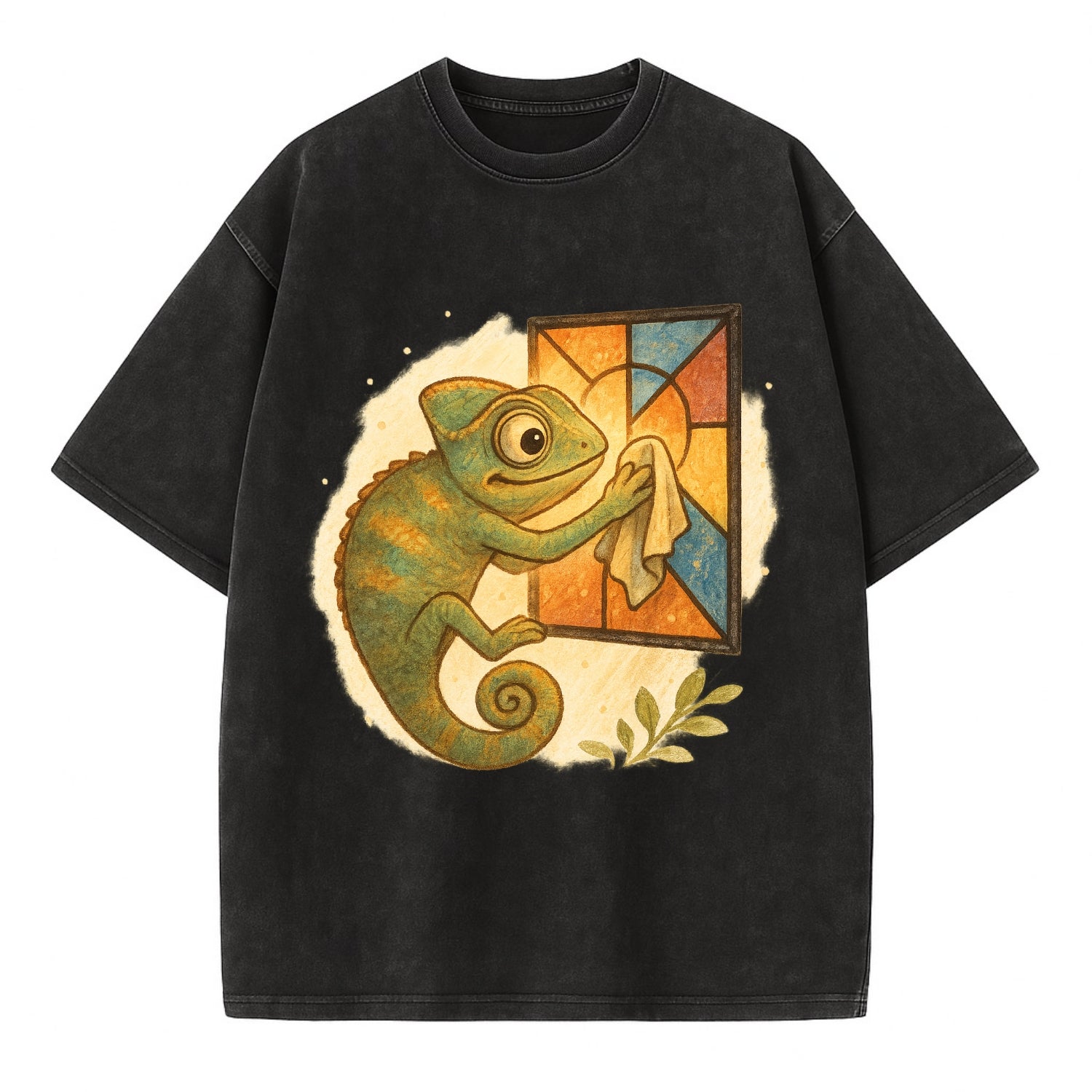 Chameleon blending into a stained-glass window it is polishing with delicate - Vintage T-shirt - Black
