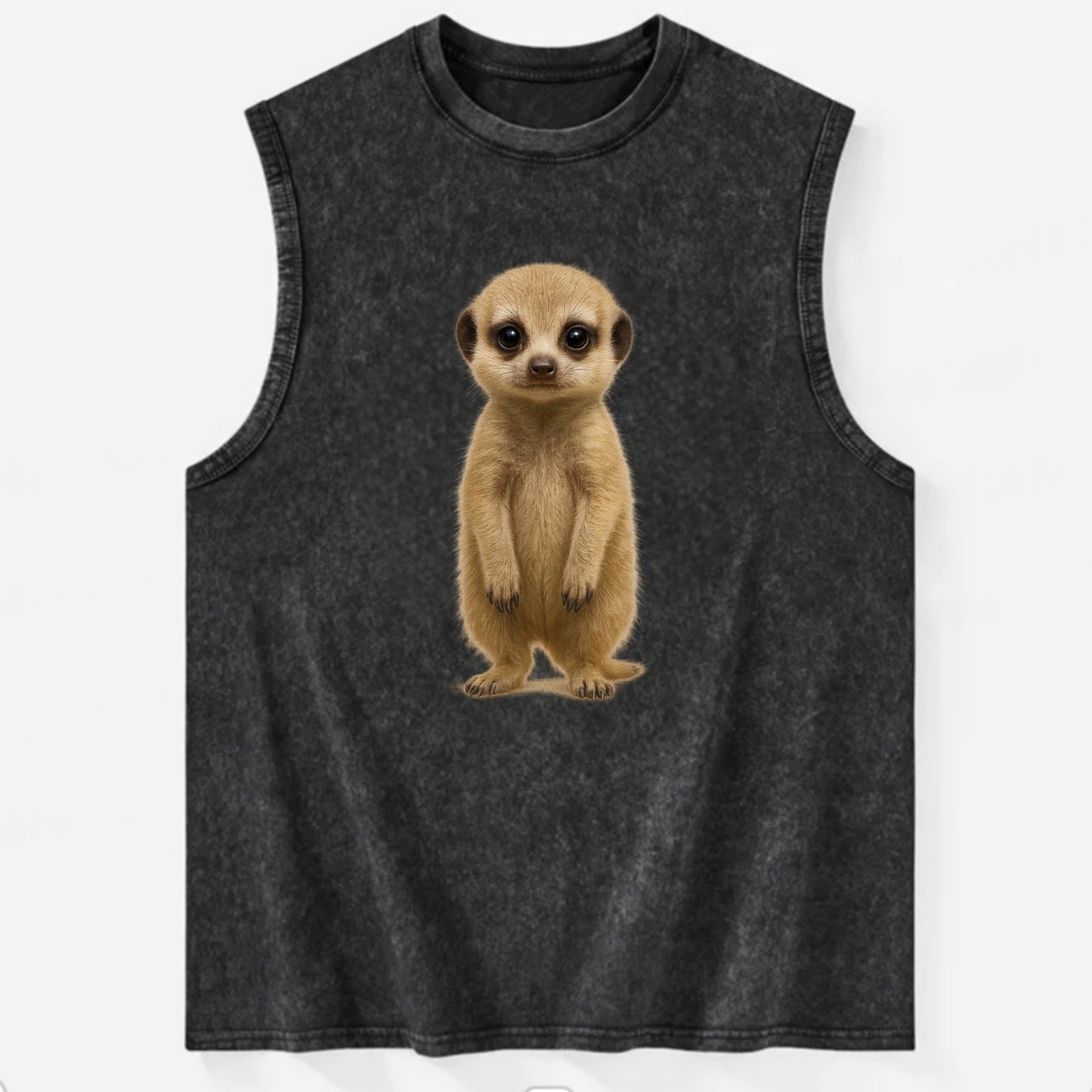 Baby Meerkat - tan fur, dark eye patches, alert stance, bright eyes, - Vintage Washed Tank - Black