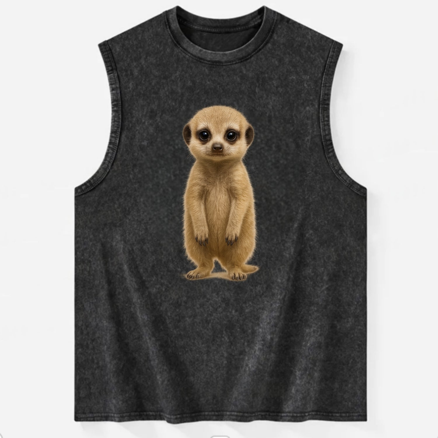 Baby Meerkat - tan fur, dark eye patches, alert stance, bright eyes, - Vintage Washed Tank - Black