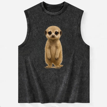 Baby Meerkat - tan fur, dark eye patches, alert stance, bright eyes, - Vintage Washed Tank - Black