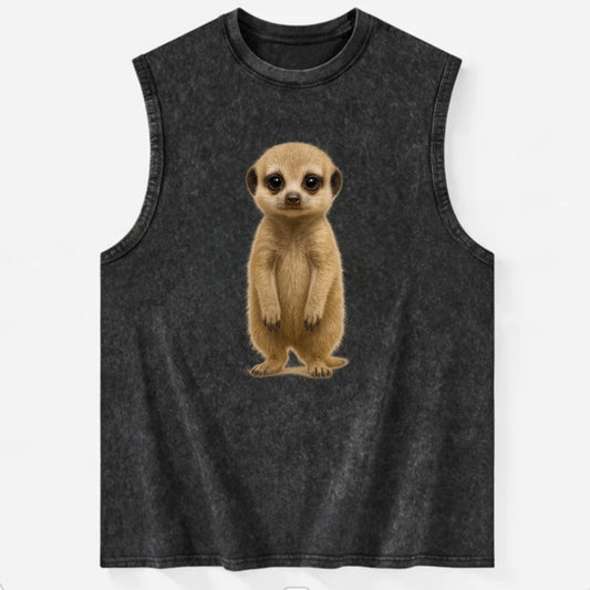 Baby Meerkat - tan fur, dark eye patches, alert stance, bright eyes, - Vintage Washed Tank - Black