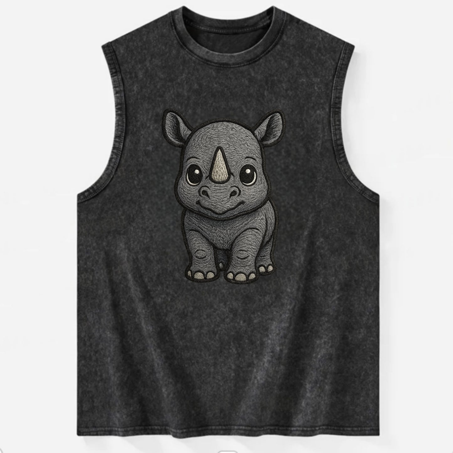 Baby Rhino - gray armor skin, tiny horn nub, round eyes, front-facing, tank - Vintage Washed Tank - Black