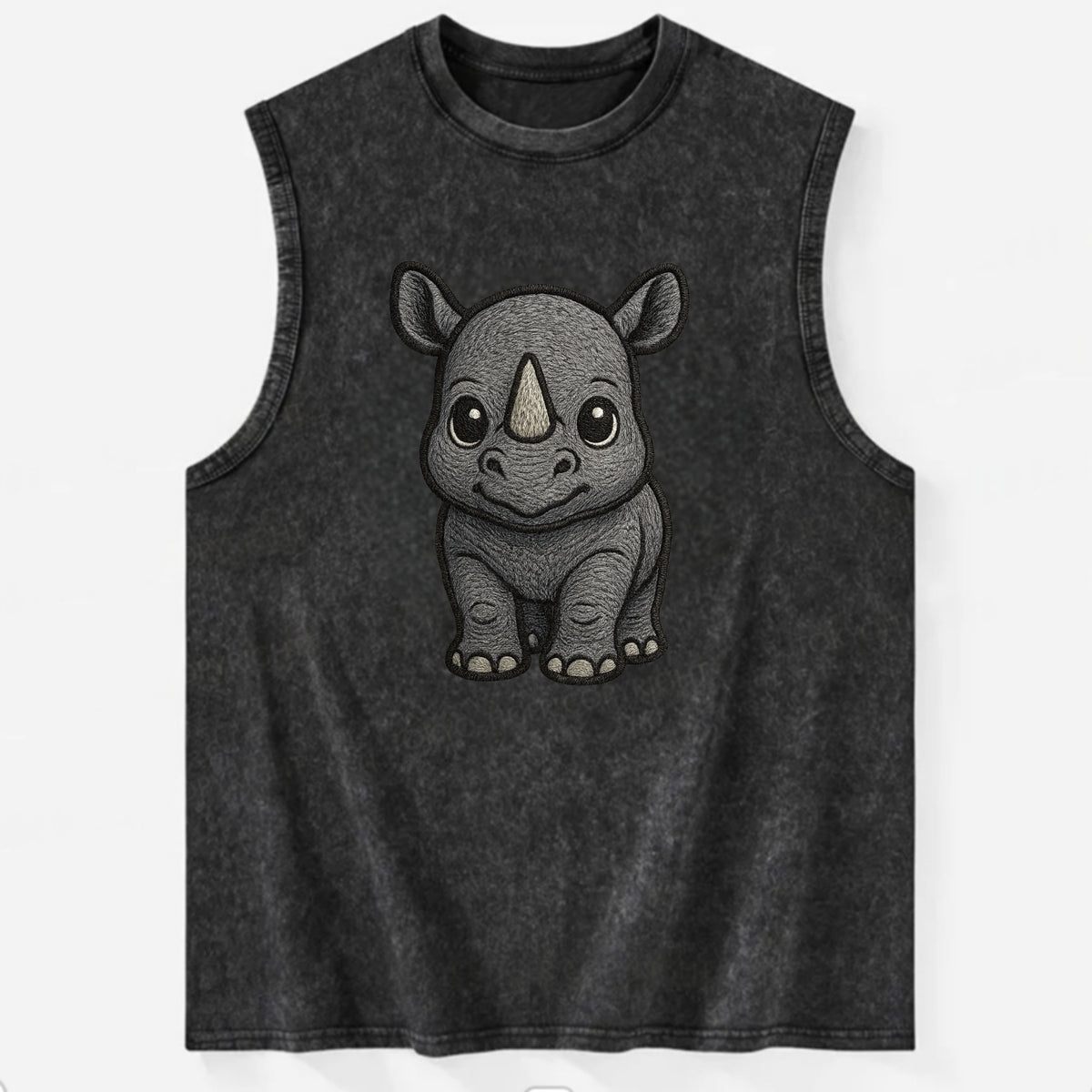 Baby Rhino - gray armor skin, tiny horn nub, round eyes, front-facing, tank - Vintage Washed Tank - Black