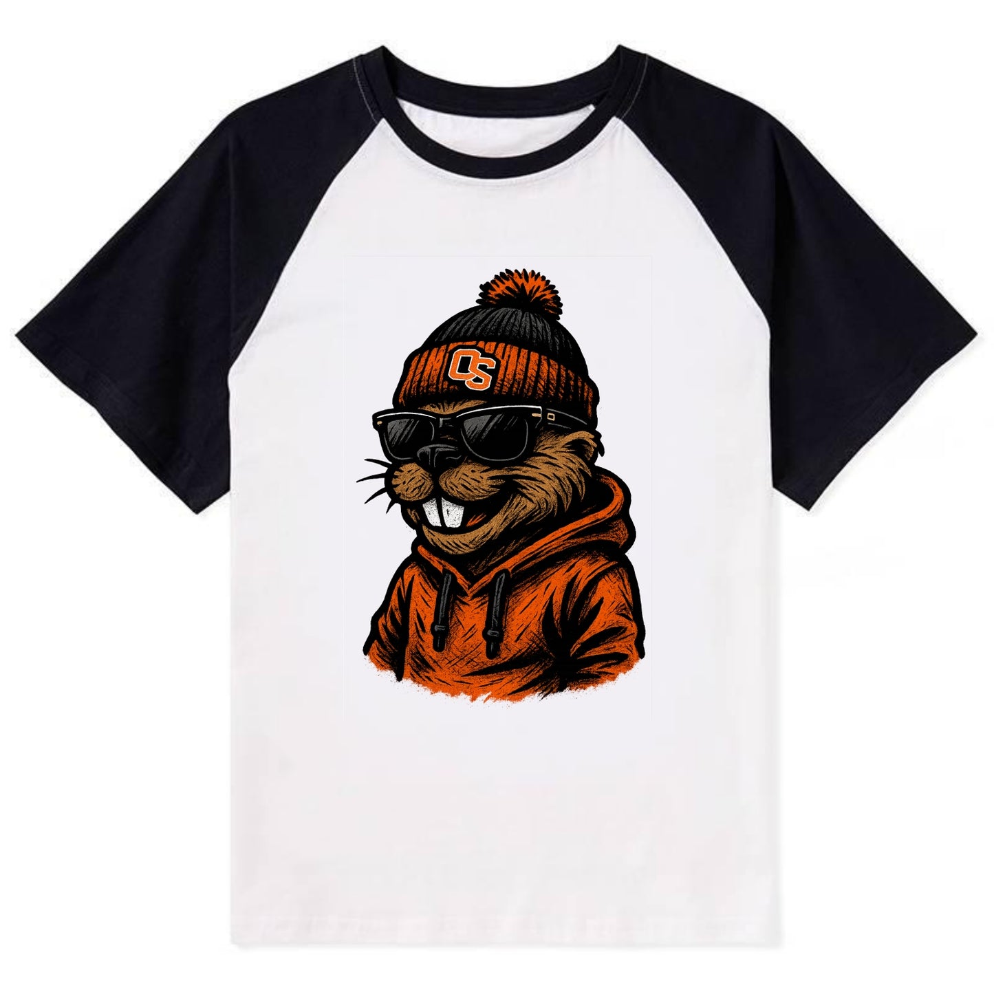 Corvallis Beaver wearing Oregon State beanie with OS patch - Contrast Raglan T-shirt - Black