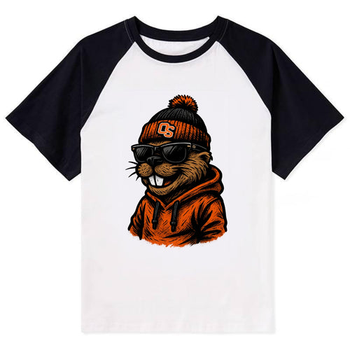 Corvallis Beaver wearing Oregon State beanie with OS patch - Contrast Raglan T-shirt