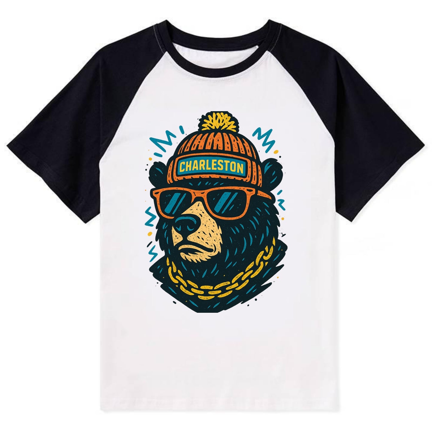 West Virginia Black Bear wearing Charleston beanie with pom pom and - Contrast Raglan T-shirt - Black