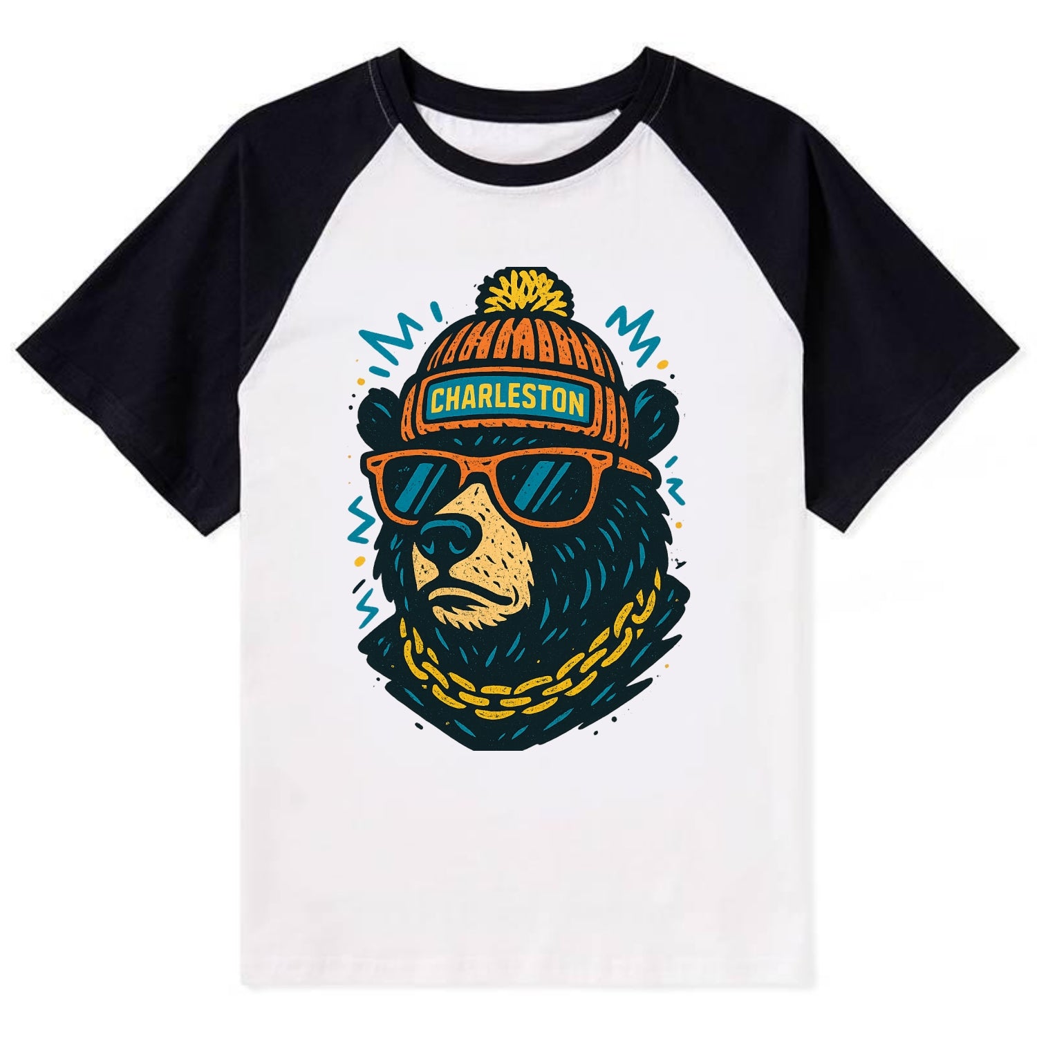 West Virginia Black Bear wearing Charleston beanie with pom pom and - Contrast Raglan T-shirt - Black